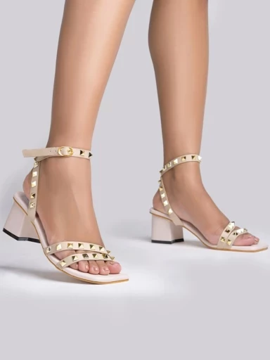 Stylestry Gold-Toned Rockstuds Strappy Cream Block Heels For Women & Girls