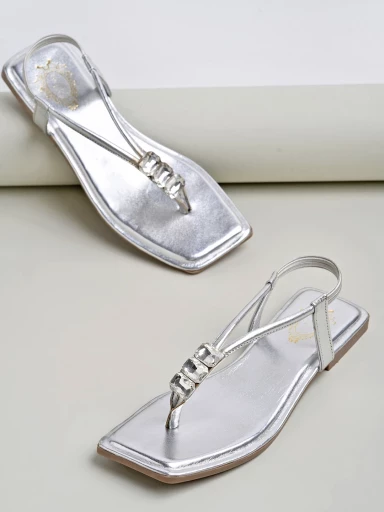 Stylestry Embellishment Gemstones Jewels Detailed Silver Flat Sandals For Women & Girls