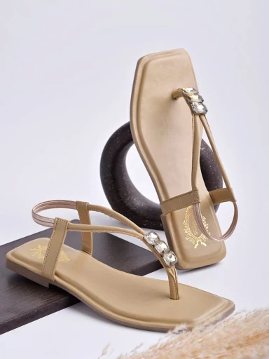 Stylestry Embellishment Gemstones Jewels Detailed Beige Flat Sandals For Women & Girls
