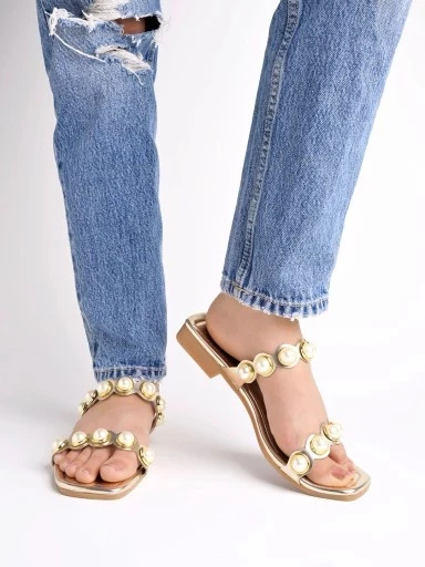 Stylestry Faux Pearl Décor Golden  Slip-on Flat Sandals for women