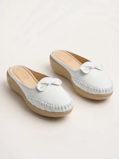 Shoetopia Upper Bow Detailed White Slip-On Loafers For Women & Girls