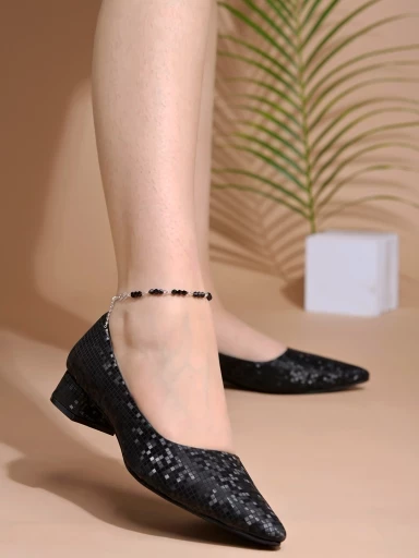 Stylestry Embellished Shimmery Black Pumps For Women & Girls.