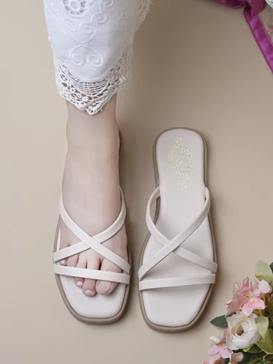 Stylestry Cross Strap Cream Flats For Women & Girls