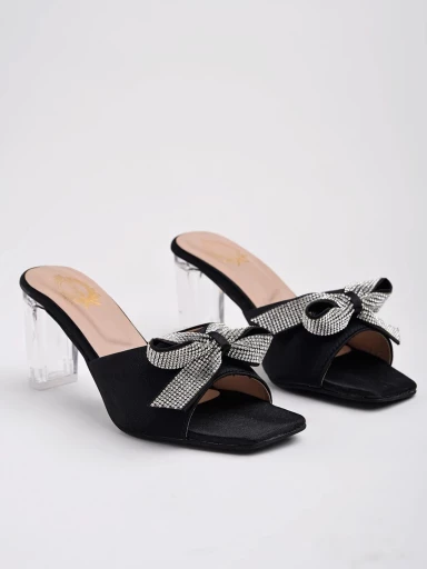 Stylestry Embellished Rhinstone Bow Detailing Black Block Heels For Women & Girls