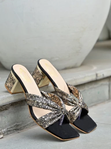 Stylestry Embellished Black Sparkle Block Heeled Sandals For Women & Girls