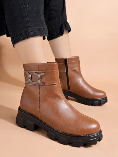 Stylestry Smart Casual Side Buckle Detailed Tan Boots For Women & Girls