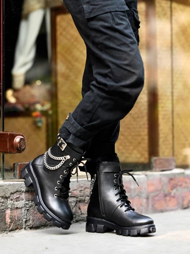 Shoetopia silver plain cool chain detailed Black Ankle Boots For Women & Girls