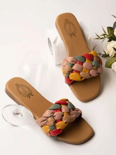 Shoetopia Women Tan  Embellished Open Toe Flats