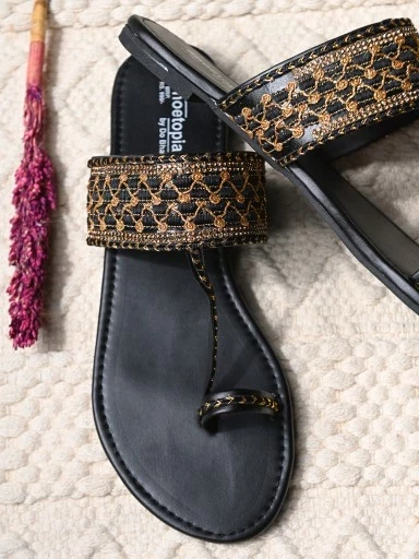 Stylestry Womens & Girls Black Woven Design One Toe Flats