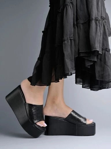 Stylestry Embellished Sequence Detailed Black Platform Heels For Women & Girls