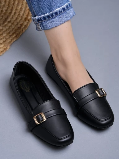 Stylestry Square Toe Buckle Detailed Black Bellies For Women & Girls
