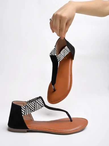 Stylestry Stylish Ethnic Black Flat Sandals For Women & Girls