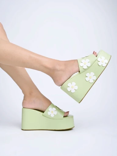 Shoetopia Flower Printed Detailed Green Platform Heels For Women & Girls