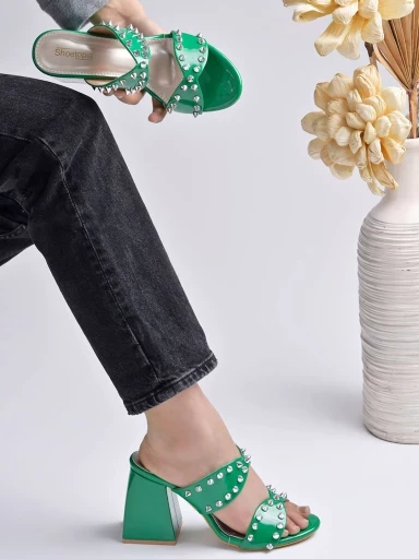 Stylestry Stunning Stud Detailed Green Block Heels For Women & Girls