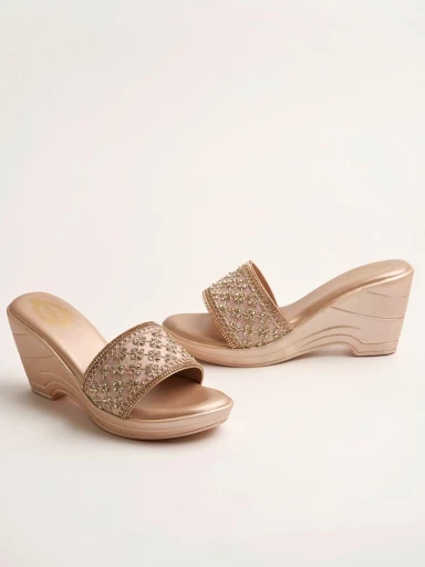 Stylestry Embellished Sequence Detailed Golden Wedges For Women & Girls