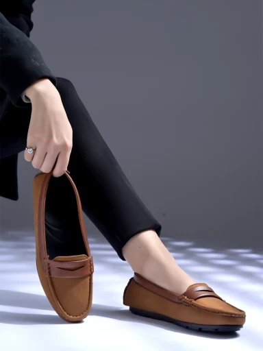 Stylestry upper Suede Detailed Tan Loafers For Women & Girls