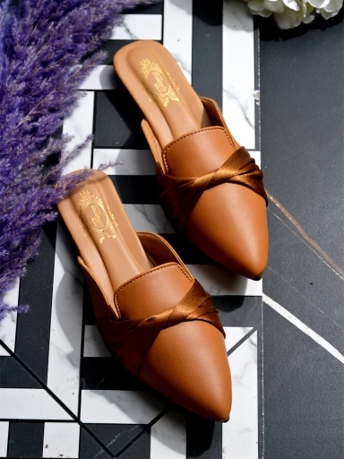 Stylestry Solid Pointed Toe Tan Flat Mules For Women & Girls