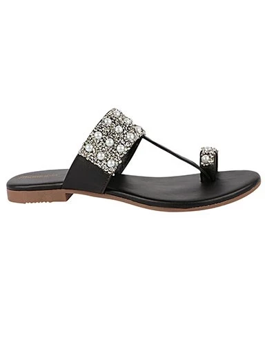 Stylestry Womens & Girls Black & Silver-Toned Embellished Leather Ethnic One Toe Flats