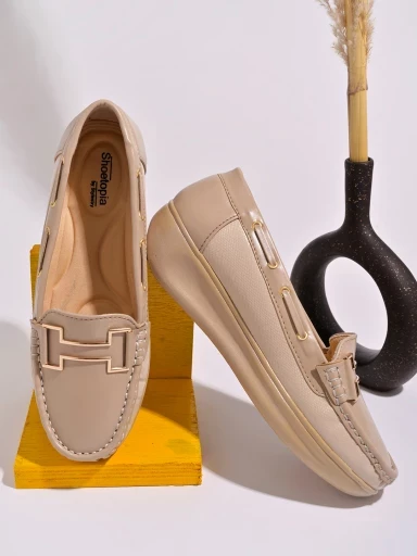 Stylestry upper Buckle Detailed Beige Loafers For Women & Gilrs