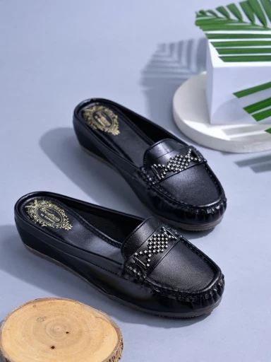 Stylestry Upper Bow Detailed Black Slip-On Loafers For Women & Girls