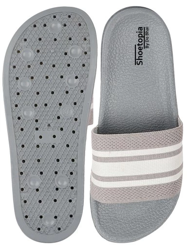 Stylestry Women Grey & White Striped Sliders