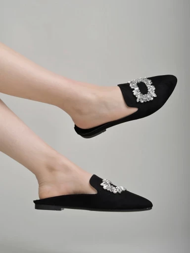 Stylestry Classic Embellished Bow Detailed Black Mules For Women & Girls
