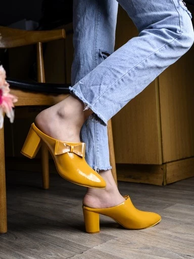 Stylestry Womens & Girls Yellow Block Mules with Bows