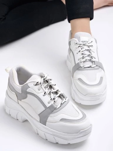 Shoetopia Lace-up Detail Grey Chunky Sneakers For Women & Girls