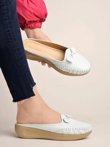 Stylestry Upper Bow Detailed White Slip-On Loafers For Women & Girls