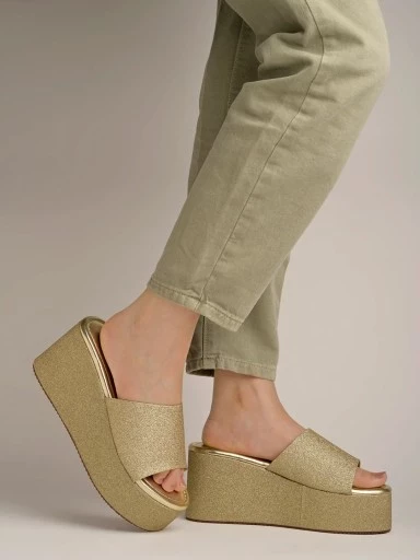 Stylestry Embellished Shimmer Detailed Golden Platform Heels For Women & Girls
