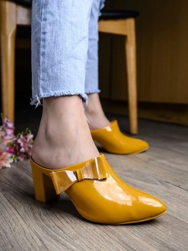 Stylestry Womens & Girls Yellow Block Mules with Bows