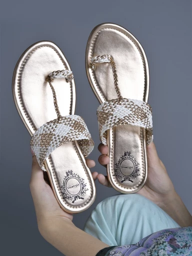 Stylestry Ethnic Rose-Gold Kolhapuri Flats For Women & Girls