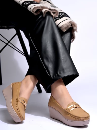 Stylestry Upper Buckle Detailed Tan Loafers For Women & Gilrs