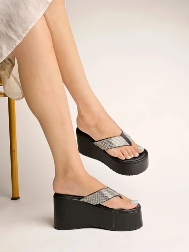 Stylestry Rhinestone Décor Stylish Black Platform Heels For Women & Girls
