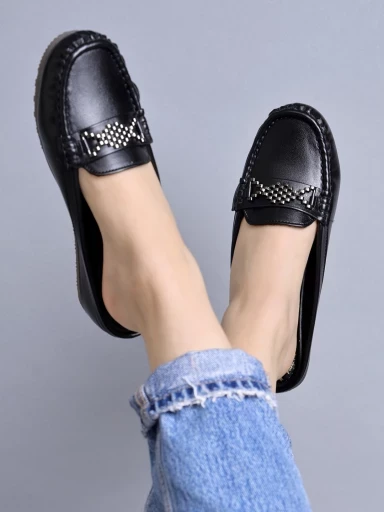 Stylestry Upper Bow Detailed Black Slip-On Loafers For Women & Girls