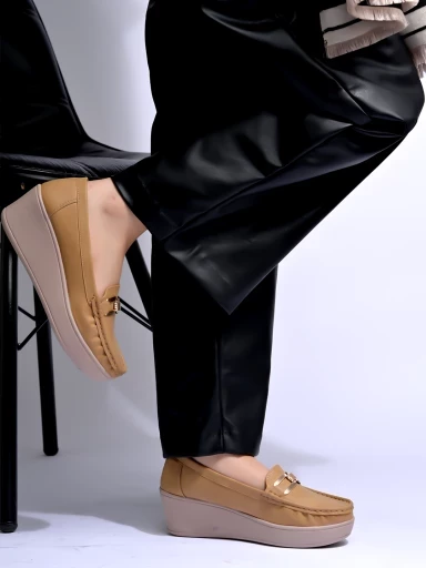 Stylestry Upper Buckle Detailed Tan Loafers For Women & Gilrs