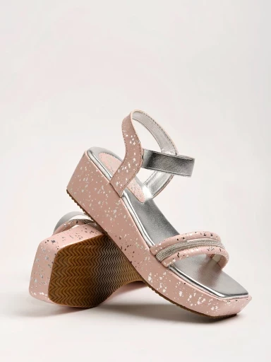Stylestry Rhinestone Detailed Pink Shiny Platform Heeled Sandals For Women & Girls