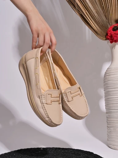 Stylestry upper Buckle Detailed Beige Loafers For Women & Gilrs