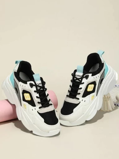 Stylestry Colorblock Breathable Black Chunky Sneakers For Women & Girls