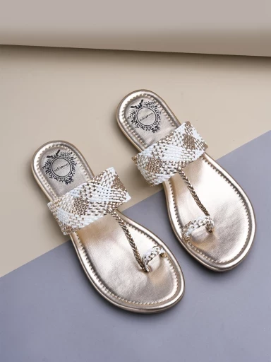 Stylestry Ethnic Rose-Gold Kolhapuri Flats For Women & Girls