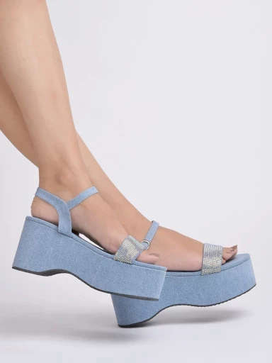 Stylestry Embellished Denim Blue Platform Heels For Women & Girls