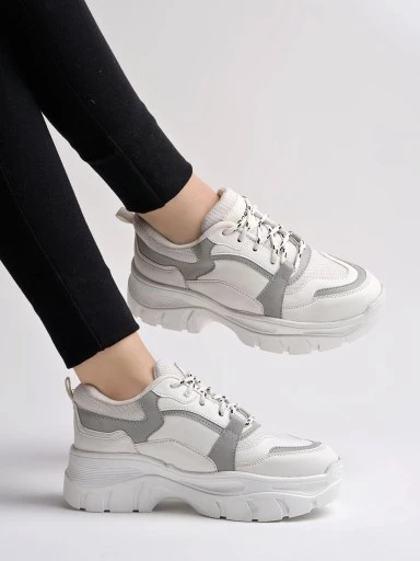 Shoetopia Lace-up Detail Grey Chunky Sneakers For Women & Girls