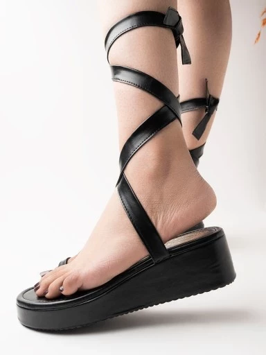 Stylestry Ankle Tied Ring Toe Black Sandals For Women & Girls