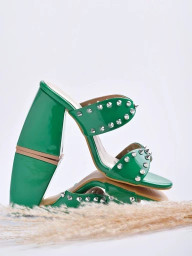 Stylestry Stunning Stud Detailed Green Block Heels For Women & Girls