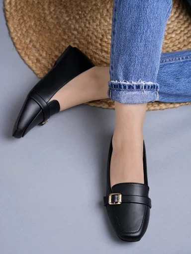 Stylestry Square Toe Buckle Detailed Black Bellies For Women & Girls