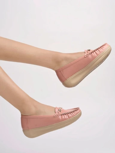 Stylestry Upper Metalic Buckle Detailed Peach Loafers For Women & Girls