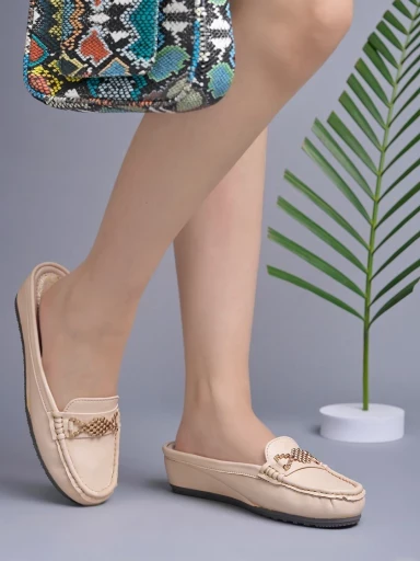 Stylestry Upper Bow Detailed Cream Slip-On Loafers For Women & Girls