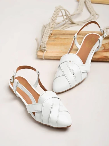 Stylestry Pointed Toe Buckle Detailed White Flat Sandals For Women & Girls