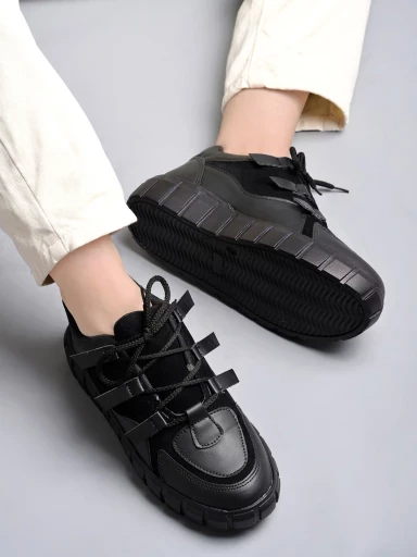 Stylestry Stylish Lace-up Black Colored Sneakers For Women & Girls