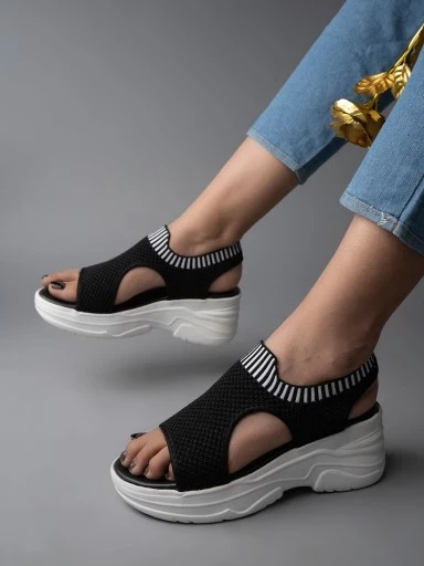 Styelstry Lightweight Comfortable Daily Wear & Trendy Flatforms Black Sandals for Women & Girls